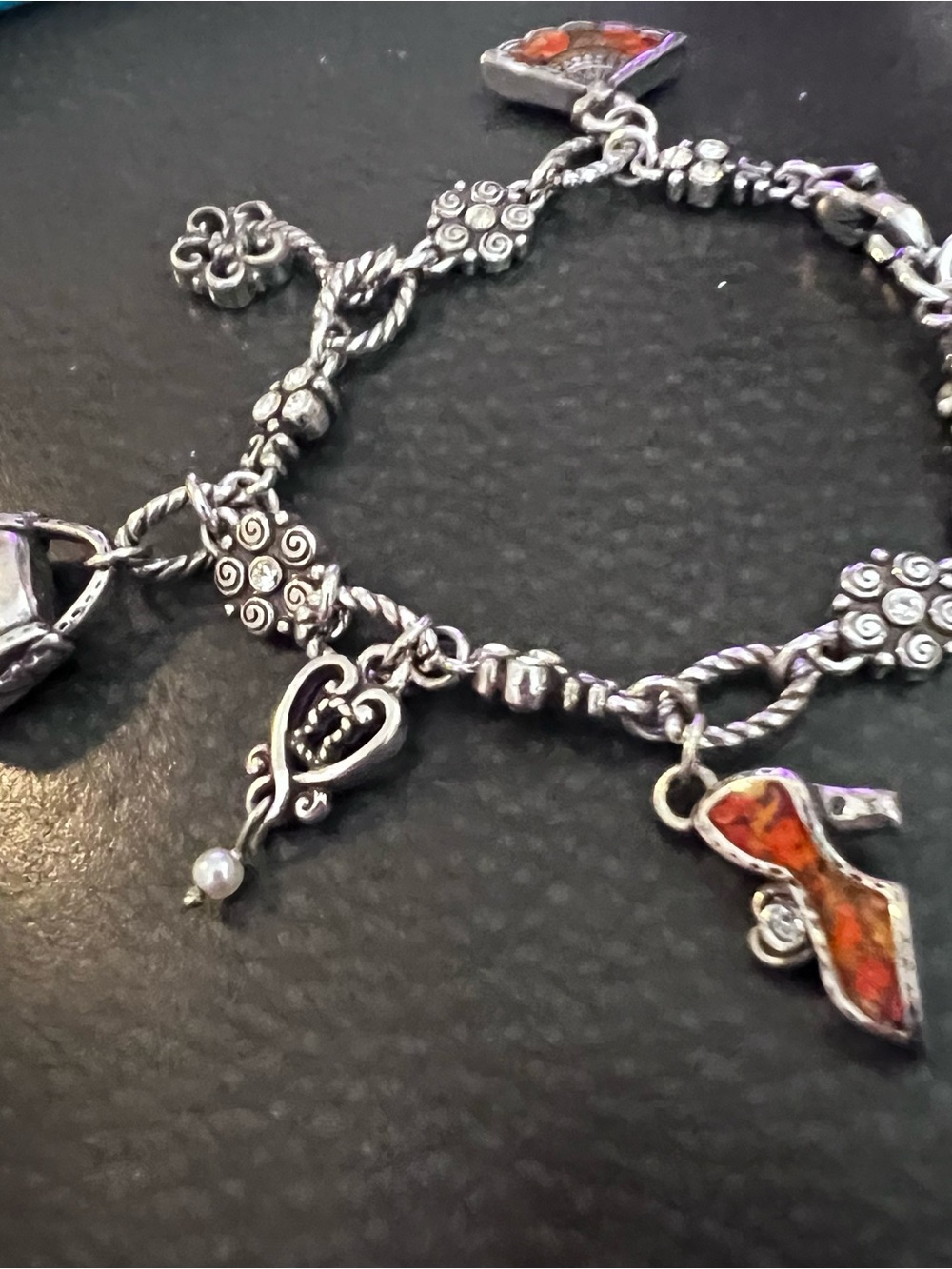 Silver-Tone Heart & Bow Charm Bracelet with Orange Enamel Accents Brighton